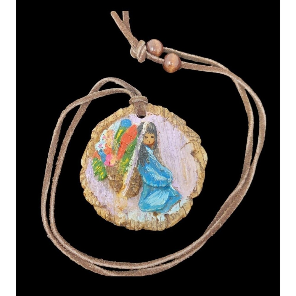 Vintage Southwestern Ted DeGrazia Style Flower Vendor Clay Pendant Cord Necklace